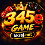 345e Game logo with gold and green 3D text, crown, playing cards, poker chips, and kkraj.net branding.