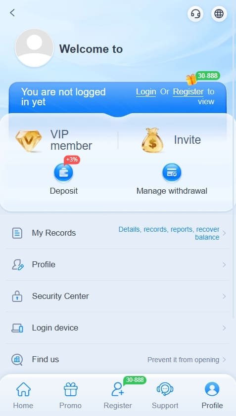 888PKR Game Profile page showing user account details and account options
