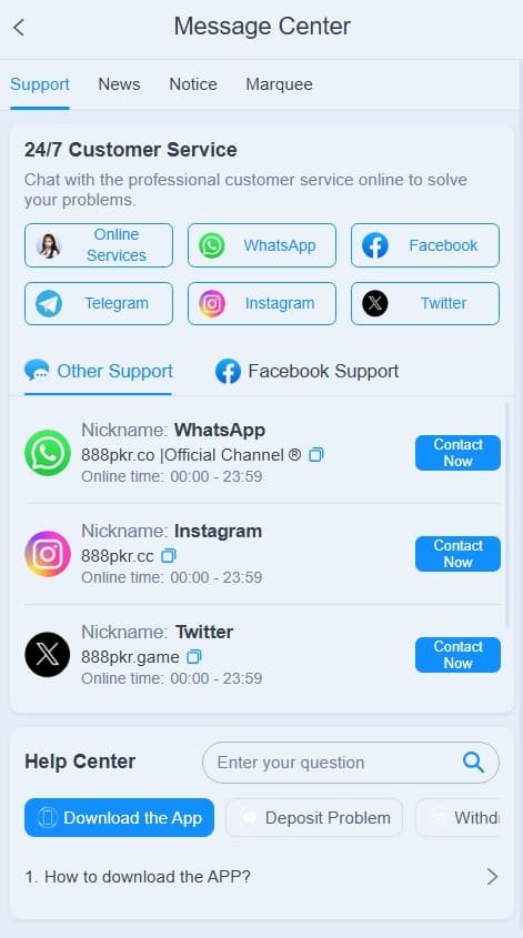 888PKR Game Support page with customer assistance and help options