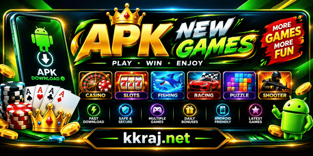 APK New Games banner with Android download, casino, slots, racing, puzzle, shooter, and other game categories.