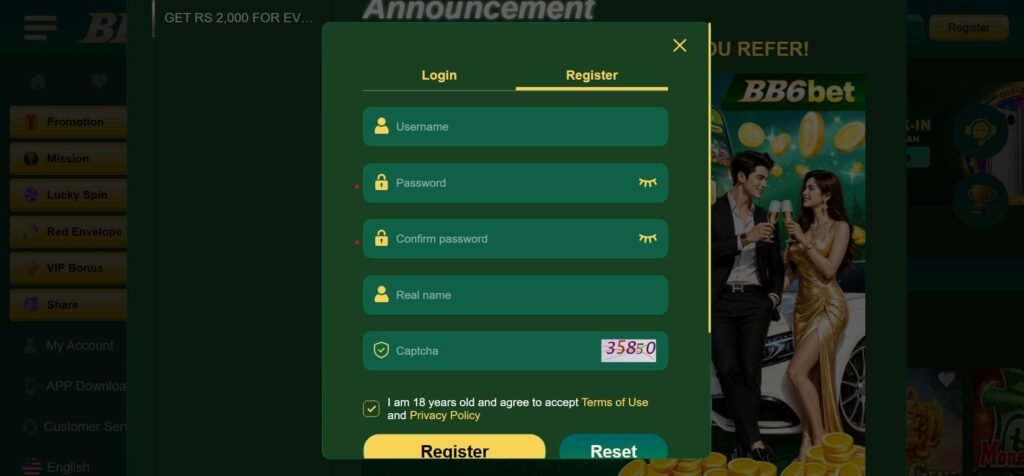 BB6bet Game Login screen featuring a premium green-and-gold interface with Pakistani rupee notes, gold coins, and a secure sign-in design.