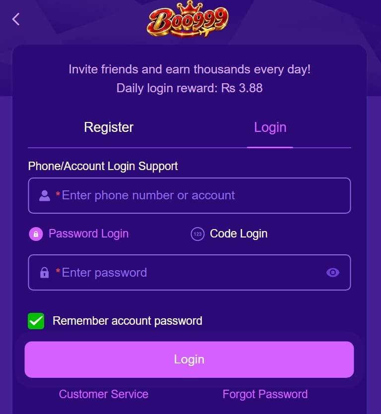 Boo999 Game APK Login Screen