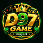 D97 Game logo featuring bold gold and green lettering, a crown, playing cards, poker chips, and green dice.