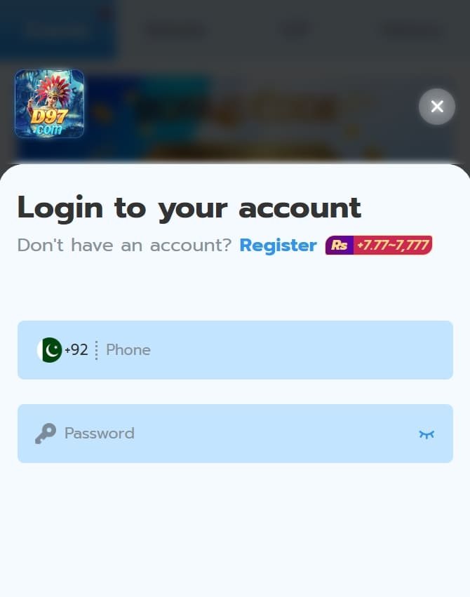 D97 Game login screen showing phone number and password fields with register option.