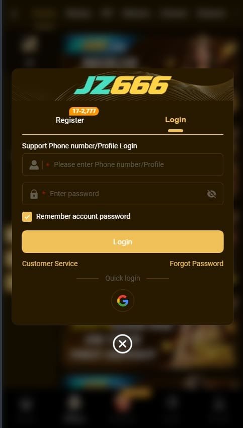 A black and gold color of JZ666 Game APK Login screen