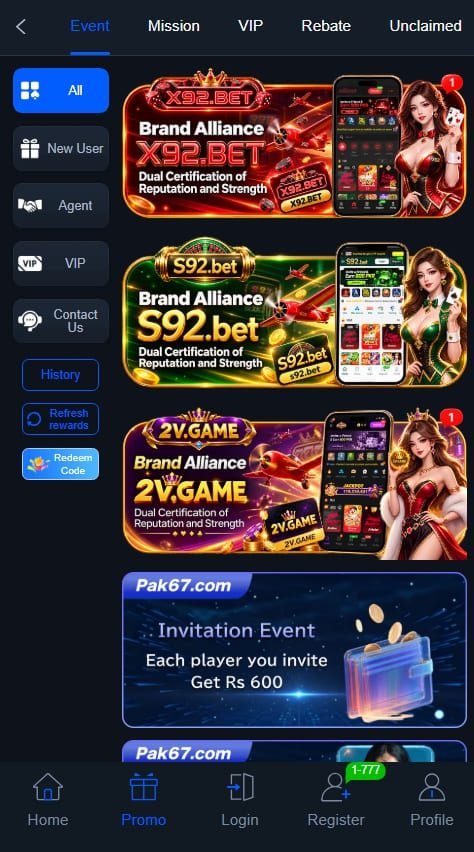 PAK67 Game promo page showing event, mission, VIP, rebate, and invitation reward banners.