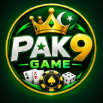 PAK9 Game logo with green and gold gaming design, crown, playing cards, poker chip, and dice