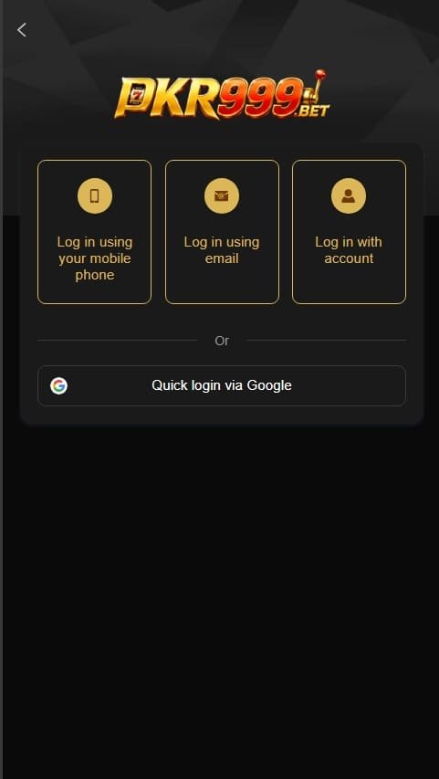 PKR999 Game login screen showing mobile phone, email, account login, and Google quick-login options.