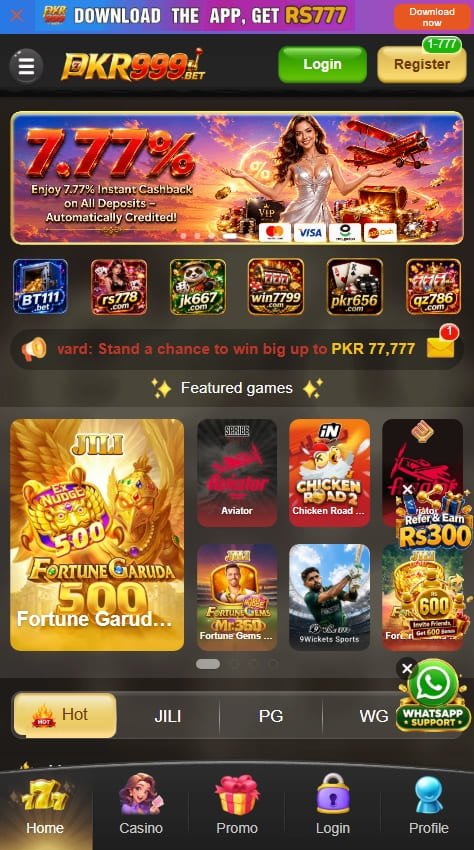 PKR999 Game homepage showing app download banner, login and registration buttons, promotional offer, featured games, and navigation menu.