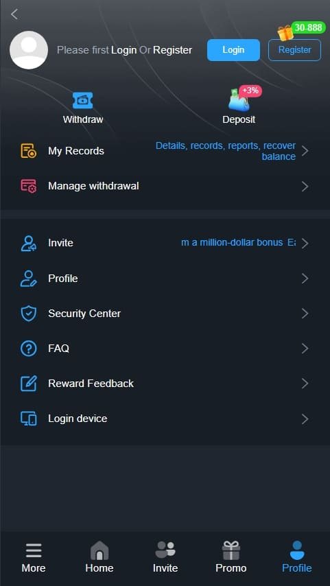 R988 Game APK profile screen showing login and registration options, withdrawal, deposit, account settings, security center, FAQ, and profile navigation.