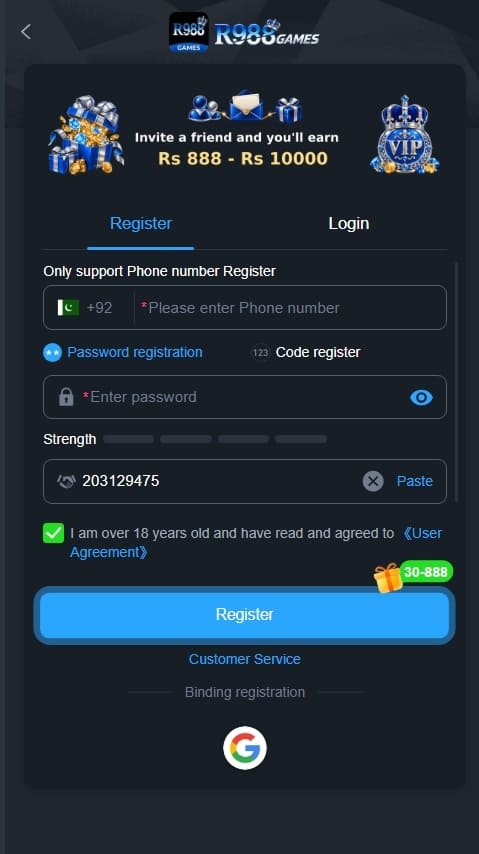 R988 Game APK registration screen with phone number, password, referral reward, and blue Register button.