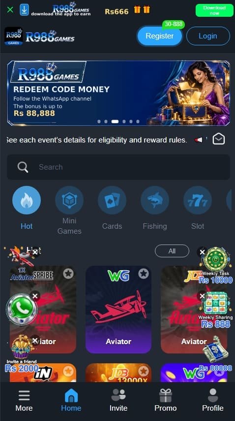 R988 Game APK slots interface showing casino games, Aviator games, bonus offers, and navigation menus.