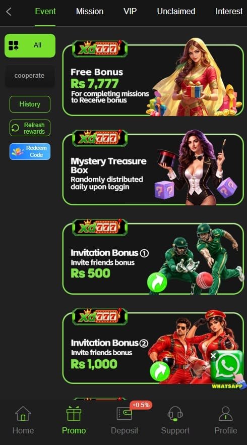 XD777 Game Bonus screen displaying available rewards and bonus options for players