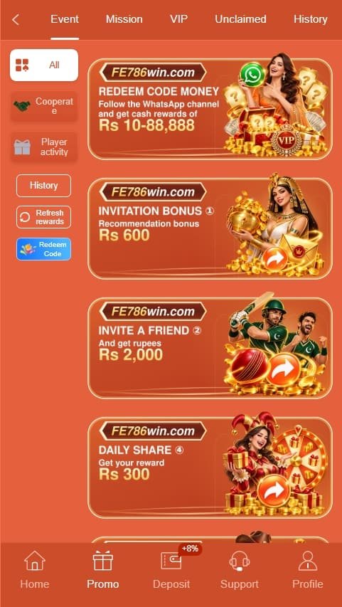 FE786WIN Game Bonus section displaying available promotional rewards.