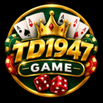 TD1947 Game logo featuring golden text, playing cards, poker chips, crown, and red dice on a dark green background.