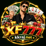 XF777 Game logo featuring a man holding cash, playing cards, casino chips, dice, and a roulette wheel with kkraj.net branding.
