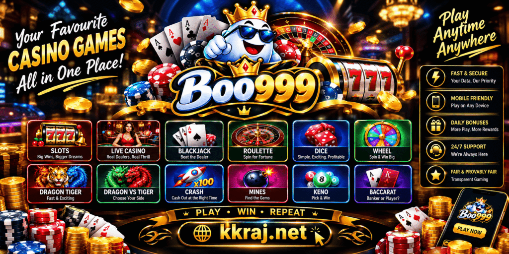 Rectangle promotional banner for Boo999 Game featuring casino games, gold coins, roulette, slots, cards, gaming features, and the website kkraj.net.