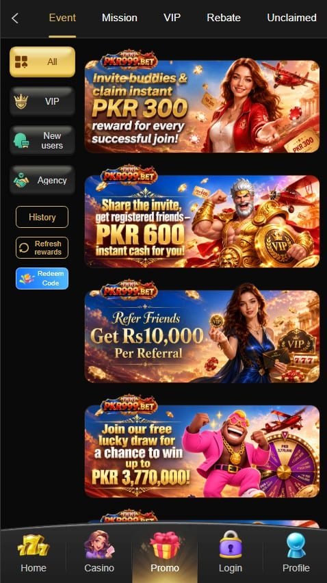 PKR999 Game promotions page showing referral rewards, VIP offers, missions, events, and promotional banners.