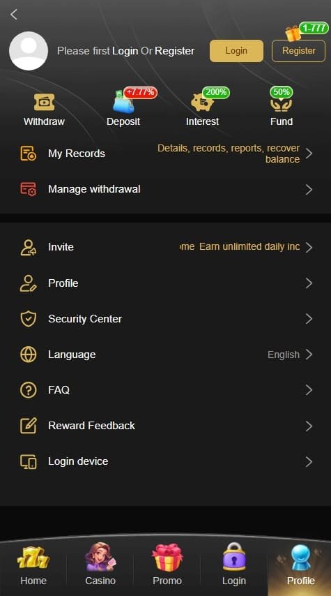 PKR999 Game profile page showing login and registration options, account tools, security settings, FAQ, language selection, and profile navigation.