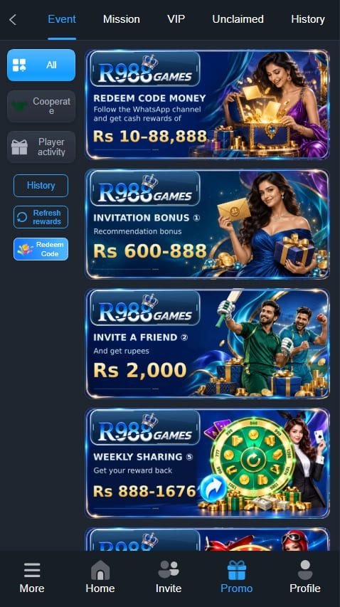 R988 Game APK promotions screen showing redeem code, invitation bonus, invite-a-friend, and weekly sharing rewards.