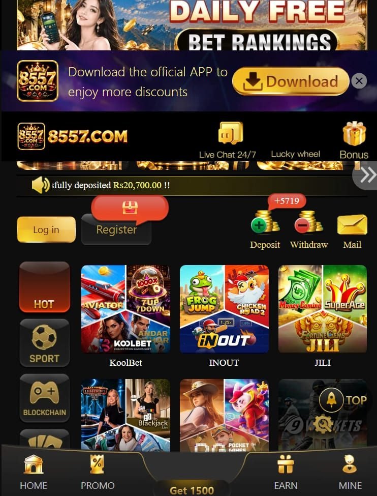 8557 Game APK Slots interface with casino games