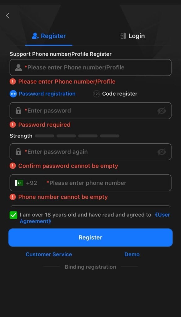 8W Game Login screen showing username and password fields, login button, registration option, and a mobile-friendly casino gaming interface.
