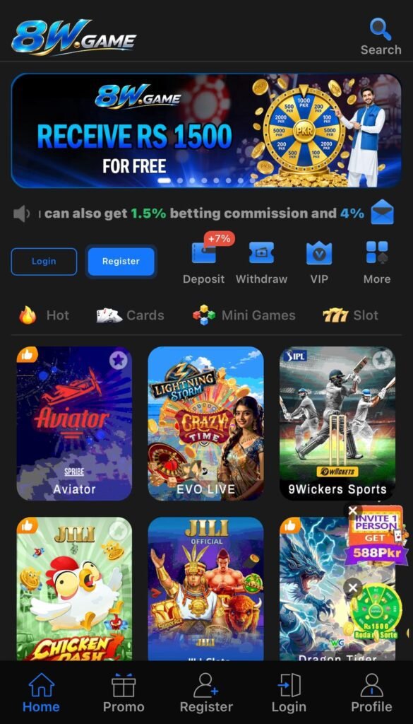 8W Game Slots APK featuring colorful casino-style slot games, gaming icons, bonus elements, and a mobile-friendly interface for Android users.