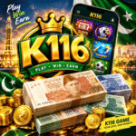 HD K116 Game promotional banner featuring Pakistani rupee notes, gold coins, a luxury gaming interface, and vibrant green and gold casino-themed graphics.