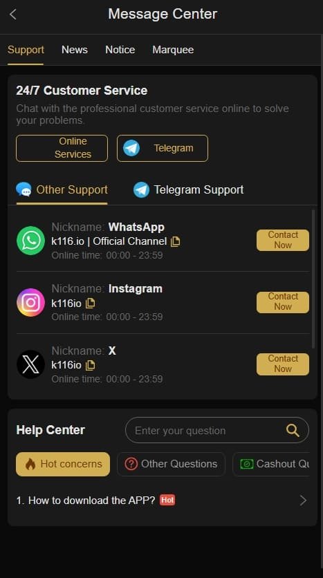 K116 Game Support page showing 24/7 customer service, live chat assistance, and quick help options for Android users.