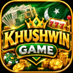 Khushwin Game logo featuring a royal green and gold casino theme with Pakistani rupee notes, gold coins, a crown, and slot machine reels in a premium HD app icon.