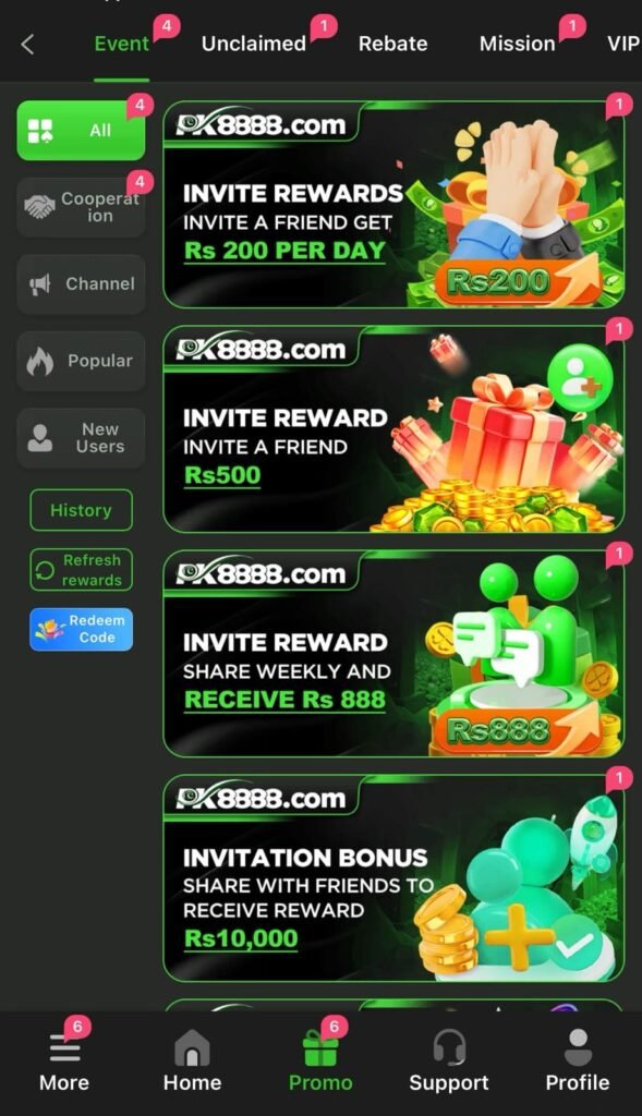 PK8888 Game APK bonus screen displaying promotional offers, available rewards, and bonus section features.