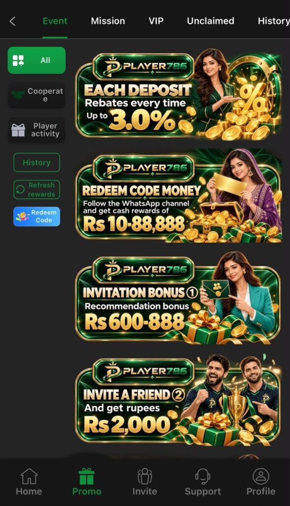 Player786 Game APK Bonus section featuring promotional offers and gaming rewards.