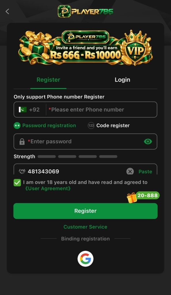 Player786 Game APK Login page for secure account access and user sign-in.