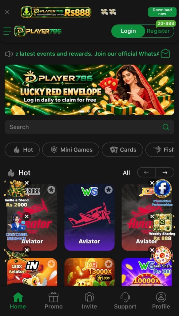 Player786 Game APK Slots featuring exciting casino-style games and a green-gold interface.