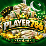 Player786 Game logo with Pakistani currency, gold coins, playing cards, and green-gold casino design.