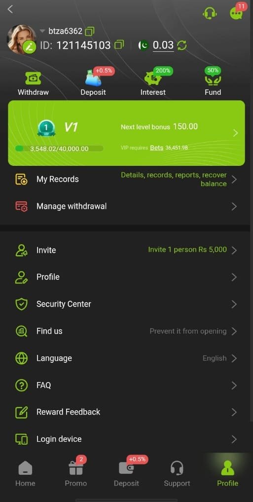 ZS999 Game Profile page displaying player account information, profile settings, and available gaming options.